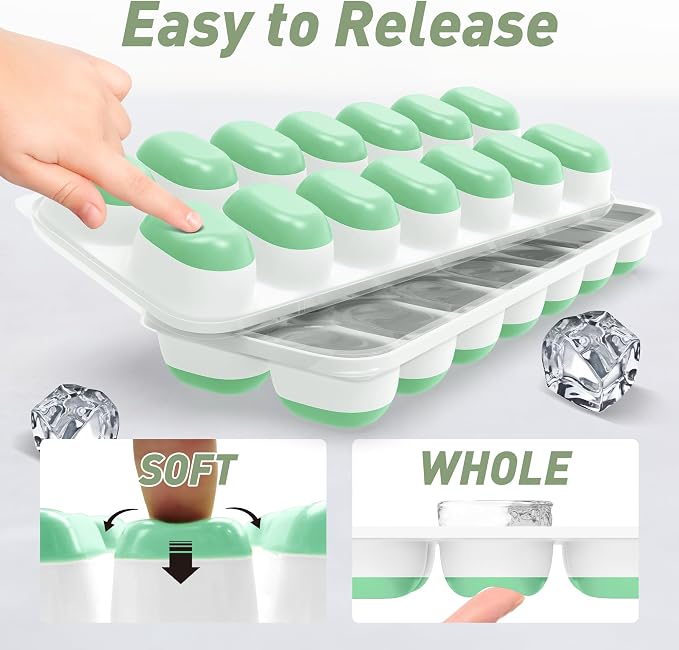 ChefAide Ice Cube Tray with Lid, 2 Packs 28 Cubes Durable Stackable Ice Cube Trays for Freezer with Removable Lids, Easy-Release Plastic & Silicone Ice Tray for Cocktail, Coffee