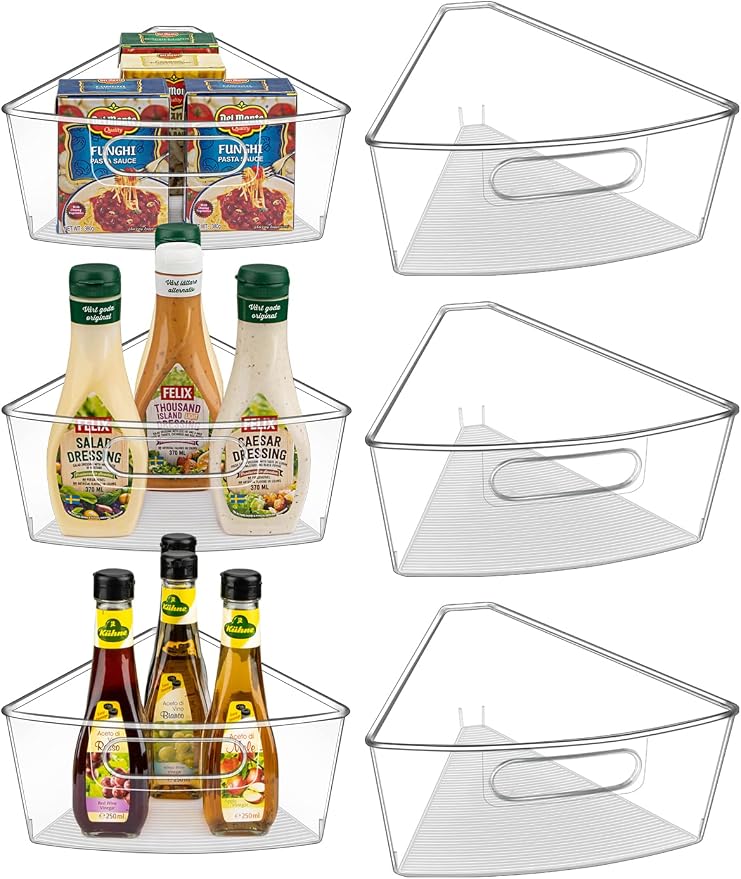 Lazy Susan Cabinet Organizer Bins for 26"/ 28"/ 32" Diameter | Corner Organizer, Plastic Cabinet Storage Bin, 1/8 Wedge - Food Safe, BPA Free, with Non-Slip Pads (for 28" Diameter, 6 Pack)