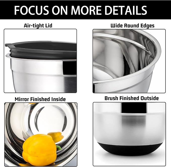 P&P CHEF Stainless Steel Mixing Bowls With Lids, Set of 6, Black | Salad Nesting Mixing Bowls & Fitting Lids & Non-Slip Silicone Bottom, Ideal for Mixing, Storing, Size 0.7/1/1.5/2.5/3/4.6 Qt