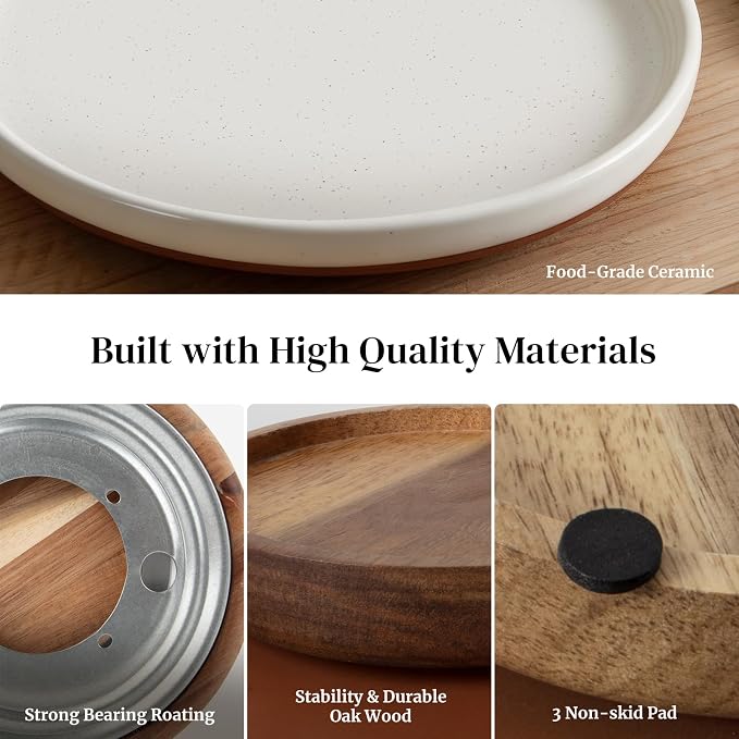 Ceramic Lazy Susan Turntable Organizer, 10.3 Inch Round Rotating Tray with Acacia Wood Base, White Speckled Glazed Spice Rack for Kitchen Countertop, Dining Table,Farmhouse Decor，Khaki White