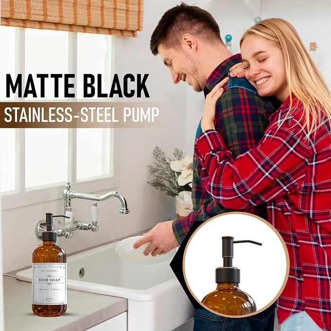 Amber Glass Soap Dispenser with Rubbed Bronze Pump, 16 oz | Amber Glass, Stainless Steel Pump Hand and Dish, Bathroom and Kitchen Sink, 6 Waterproof Labels, (Pack of 2)