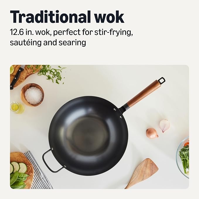 Amazon Basics Carbon Steel Pre-Seasoned Wok, All Cooktop Friendly, 12.6 in.