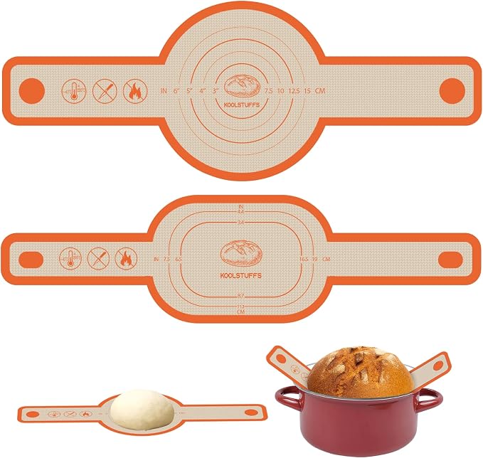 Koolstuffs Sourdough Silicone Bread Sling for Dutch Oven, 2 Pack | Long Handles for Dough Transfer, Nonstick Bread Release, Dishwasher Cleanup, Flexible Reusable Design, Oval and Round, Orange