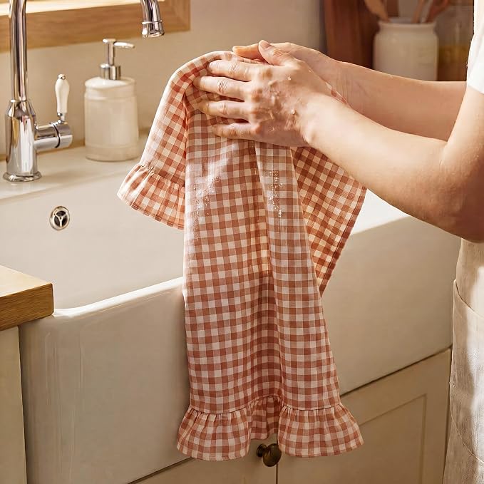 HunnmingRe 2 Pcs Orange Gingham Kitchen Towels Cotton Ruffled | Checked Dish Towels 18"x28" Tea Cloths Plaid Cottage Core Kitchen Decor for Farmhouse Charm Drying Dishes Entertaining Guests