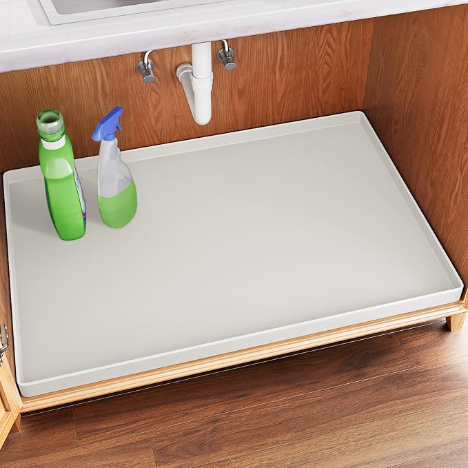 FLATO Waterproof Under Sink Mat, 28" x 19", White | Shelf Liner for Kitchen and Bathroom, Cabinet Protector, Organizers and Storage, Flexible Silicone Drip Tray