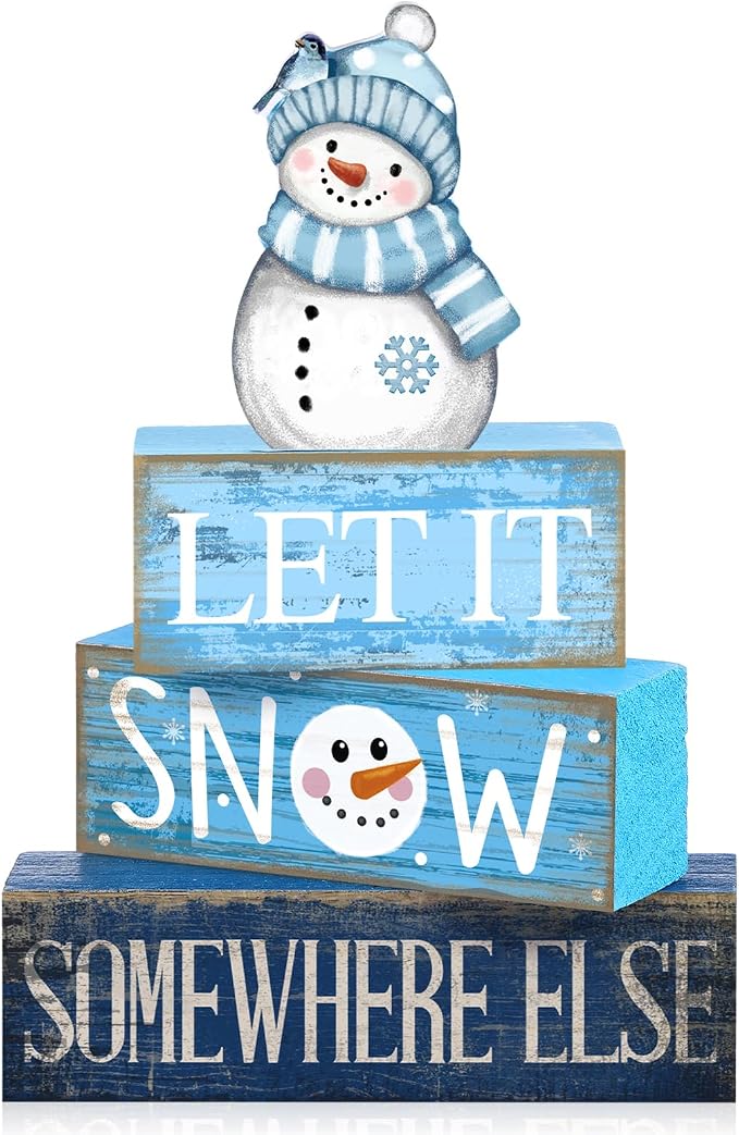 Lineshading 4 Pcs Wooden Snowman Tiered Tray Decor Block Signs Winter | Farmhouse Stacked Blocks, Let It Snow Somewhere Else Quote, Rustic Winter Seasonal Display for Shelves Mantels Tabletops