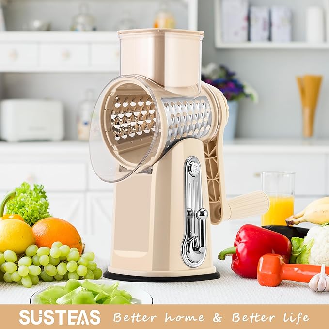 SUSTEAS Rotary Cheese Grater 5 Blades,Kitchen Mandoline Vegetable Slicer | Beige, Easy to Clean, Strong Suction Base, 5 Blades Storage Box, Round Mandoline Slicer & Food Chopper for Salad