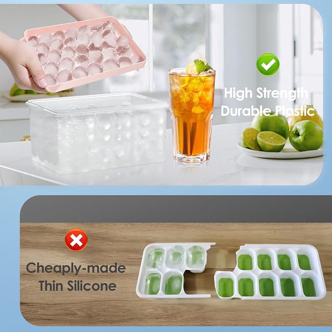 Ice Cube Tray with Lid and Bin, 1" Round Ice Trays for Freezer | 3 Pink Ice Cube Trays with Ice Box & Tong, 1" Round Ice Balls for Iced Coffee & Juice, Easy Twist Release, For Gatherings