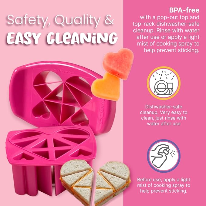 Sandwich Cutter for Kids Lunch, Crustless Bento 2-Pc Set, 1 Pack | Pink Hearts food cutter for toddlers, bite-size uncrustable shapes, bento lunch accessory, BPA-free, dishwasher safe