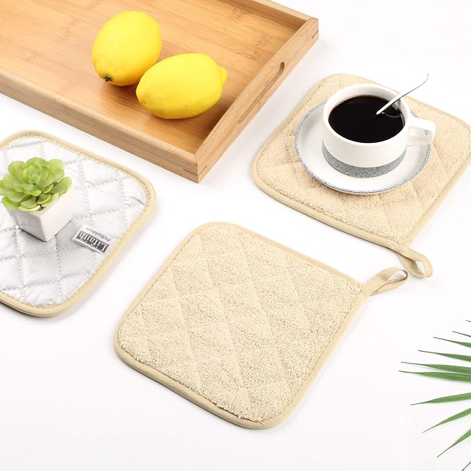 Pot Holders for Kitchen, 100% Cotton Terry Pot Holder Set of 5, Heat Resistant Hot Pads for Cooking, Baking, Hot Dishes and Countertop Protection,Light Brown