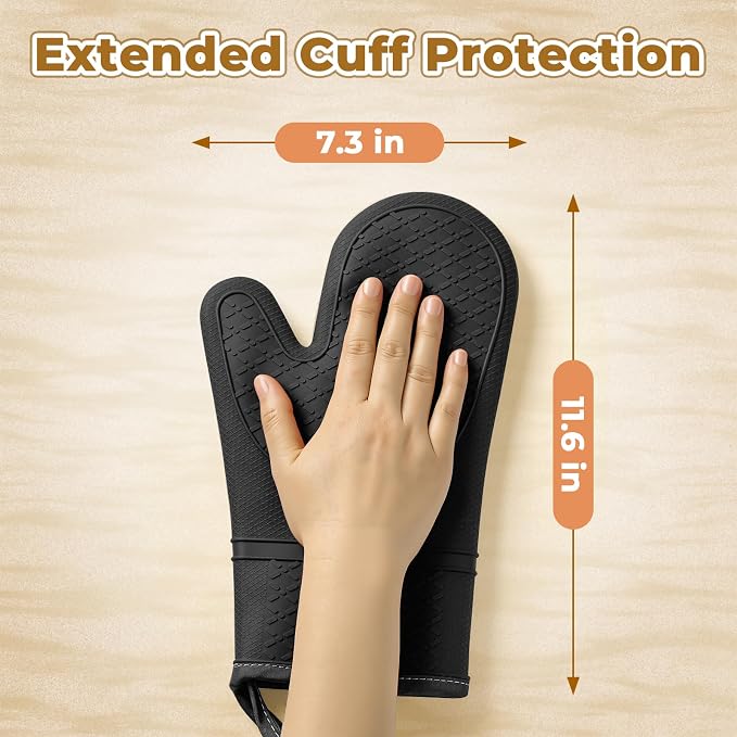 Heat Resistant Silicone Oven Mitts, Up to 500°F Protection for Baking & Grilling, 1 Pair (Black, Standard Thickness)