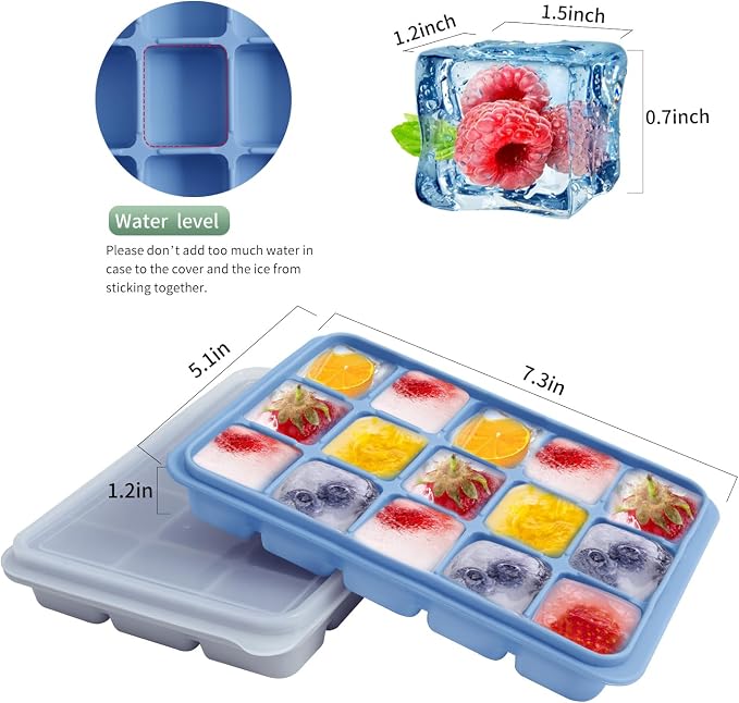 Tvmania Ice Cube Trays Set of 2, 15-Cube Silicone Molds with Removable Lids | Stackable, easy release, BPA-free, reusable, for freezer and whiskey