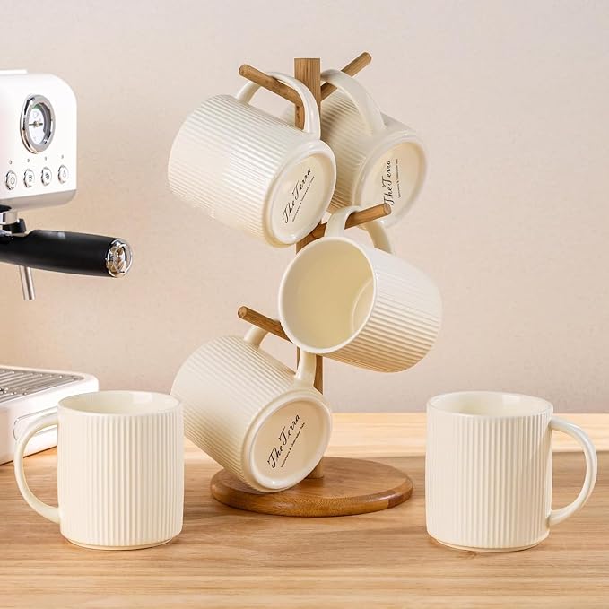 theterra Ceramic Coffee Mugs Set of 6, 14.2 oz Coffee Cups with Handle | Handmade, Suitable for Latte, Tea, Milk, Beer & Hot Cocoa, Beige