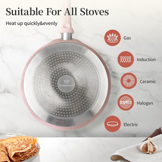 Innerwell 10 Inch Nonstick Crepe Pan,Granite Coated Pancake Pan-Pink | Granite nonstick coating, PFOA-free. Works on gas, electric, ceramic & induction. Easy-release & easy-clean.