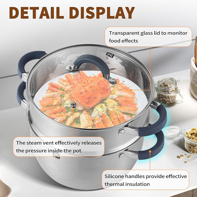 GOLDEN KEY 5.6 QT Steamer Pot with Lid,2-Tier Multipurpose 18/8 Steamer for Cooking with Vegetable Steam Basket for Vegetable,Soup, Seafood,Dumplings,Oven & Dishwasher Safe