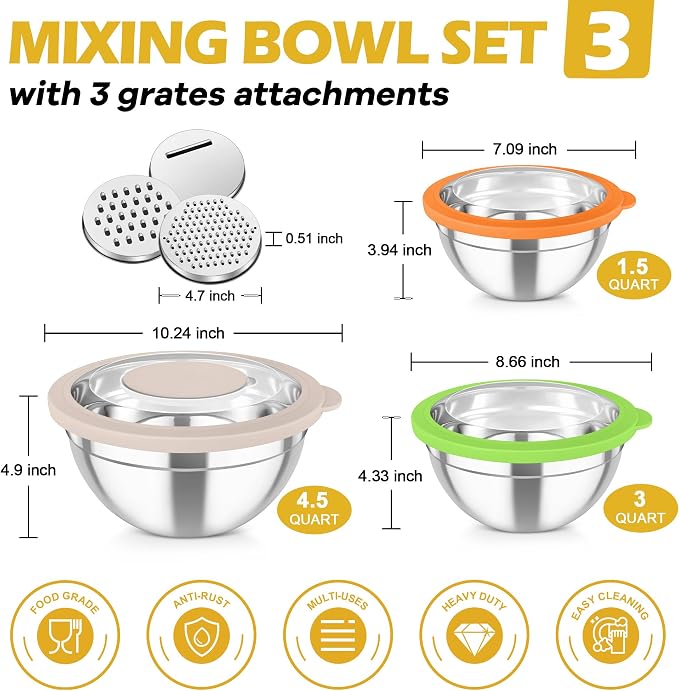 TeamFar Mixing Bowls, 3PCS Stainless Steel Serving Salad Bowls | with Lids & 3 Graters for Kitchen Mixing/Baking/Storing/Prepping, Visible & Airtight, Easy Clean - 4.5/3/1.5 QT, Multi-color