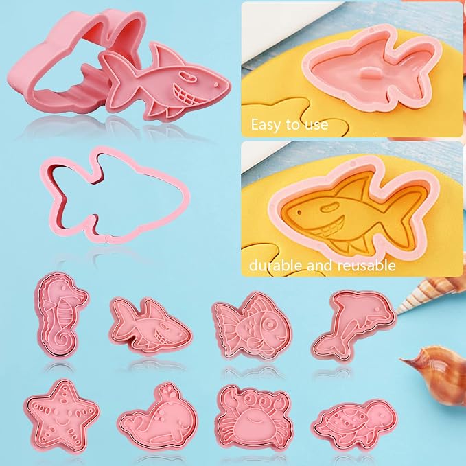 8 Piece Ocean Cookie Cutters With Plunger Stamps Set | 3D Sea Cookie Cutters, Sea Embossing Cutter For Fondant Biscuit Cheese Baking