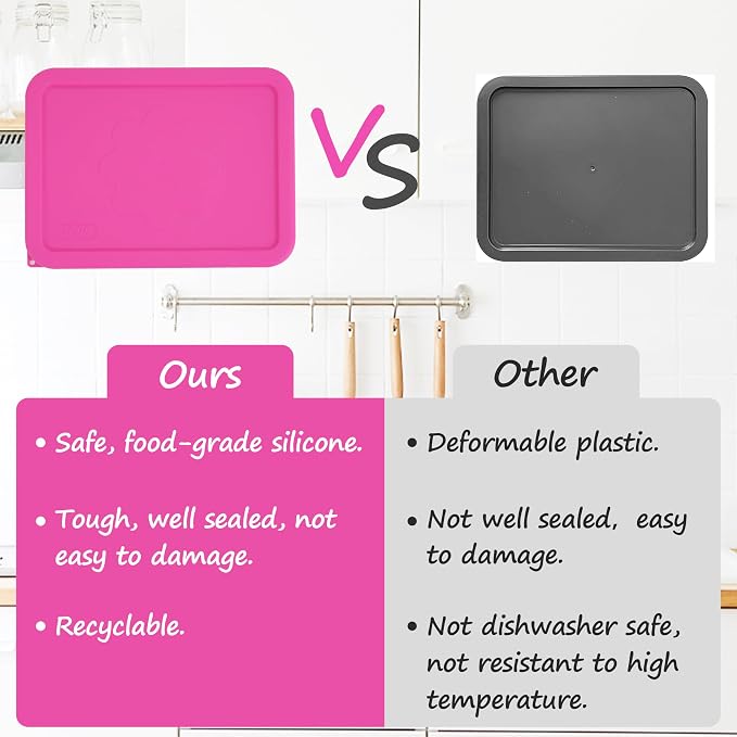 LUVCOSY 3 Cup Rectangle Silicone Storage Cover Lids Replacement for Pyrex 7210-PC Glass Bowls, (Container not Included) 2 Pack, Microwave, Dishwasher and Freezer Safe (Rose Red)