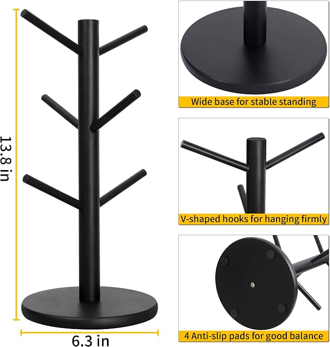 MyLifeUNIT Mug Holder Tree, Coffee Cup Holder with 6 Hooks (Black) | Anti-slip padded bottom, space-saving compact design, easy air drying, sturdy tip-resistant structure