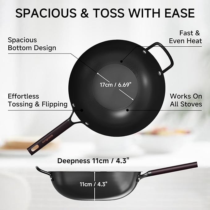 13.5" Carbon Steel Wok Pan - Pre-Seasoned Flat Bottom Woks & Stir-fry Pans Chinese Cookware with Lid & Spatula - For Pan-fry,Stir Fry, Steam, BBQ & Camping - Compatible with Induction, Gas