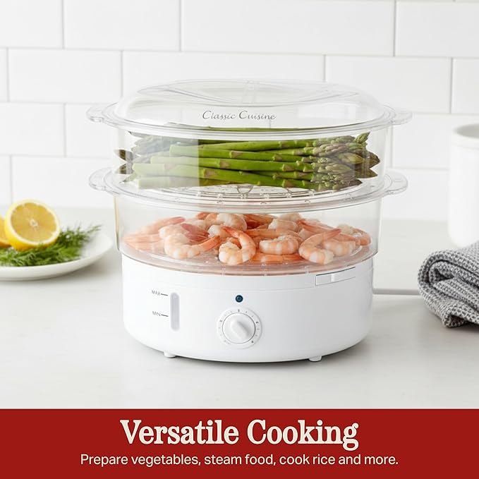 Classic Cuisine 2-Tier Vegetable Steamer and Rice Cooker, 120V 60Hz 800W | 6.3 Quart Electric Steamer for Cooking Healthy Fish, Eggs, Vegetables, Rice, and Baby Food
