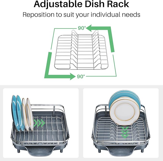 SNTD Expandable Dish Drying Rack for Kitchen Counter, 15.2-22.1 in, Gray | Rust-Resistant Stainless Steel, Protective Side Rails, Self-Draining Drainboard, Removable Utensil Holder