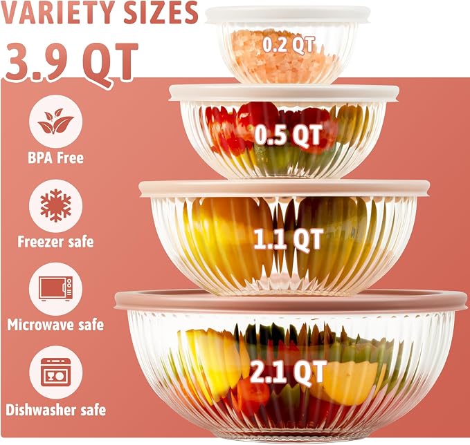 Glass Mixing Bowls with Lids Sets, 4 PCS serving bowls for party or kitchen | For Baking, Meal Prepping and Salad, Bpa Free and Dishwasher and microwave Safe Serving Bowls, 0.2 / 0.5 / 1.1 / 2.1 QT