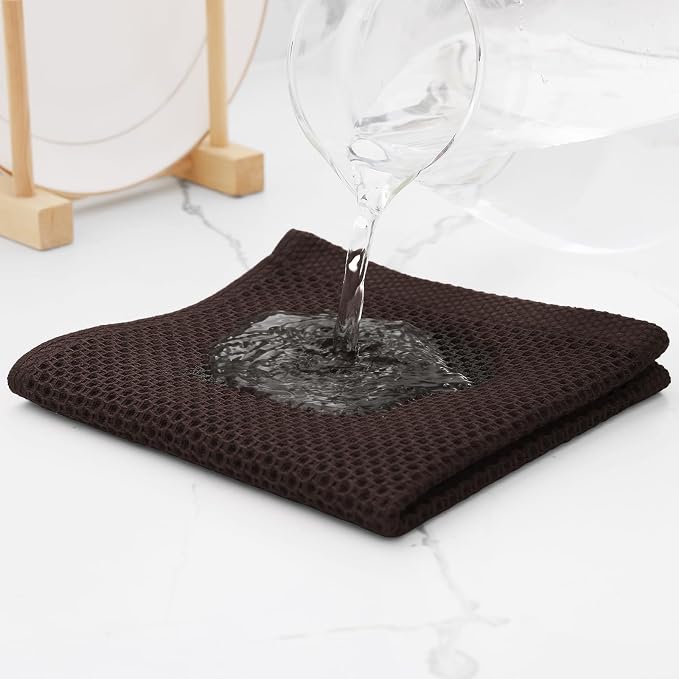 Kitinjoy 100% Cotton Waffle 6-Pack Kitchen Towels, 12" x 12", Dark Brown | Ultra Absorbent, Super Soft, lightweight, Quick Drying Dish Rags for Washing Dishes