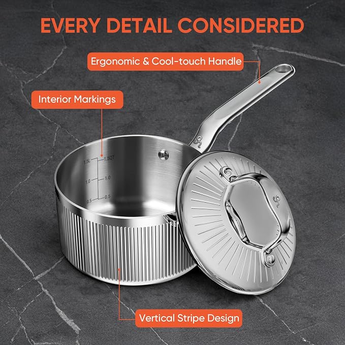 2 Quart 5-Ply Stainless Steel Sauce Pan with Lid | Dishwasher safe, Oven Safe to 800°F, Induction Ready, All cooktop compatible, PTFE/PFOA-free, Even & Rapid Heating
