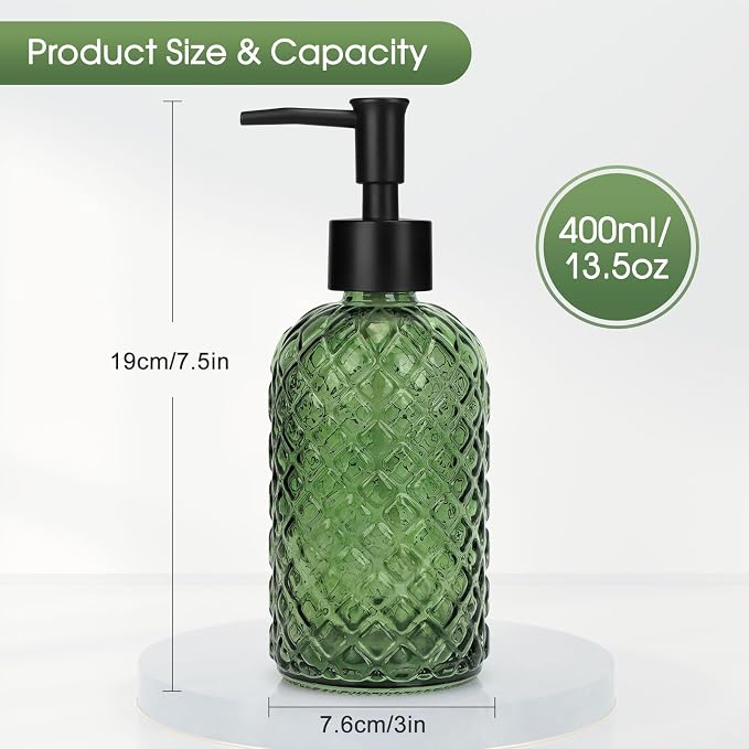 Topsky Gem Glass Soap Dispenser with Black Plastic Pump, 13oz Liquid Hand Soap Dispenser, Rustproof Pump for Kitchen & Bathroom, Great for Lotions, Essential Oil, Liquid Soaps-Army Green