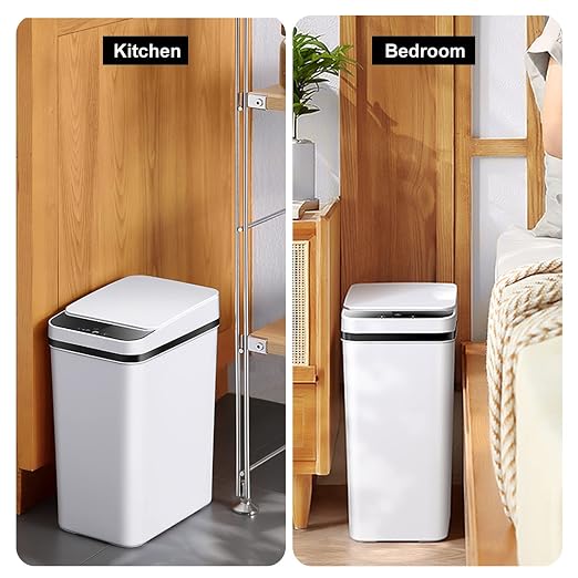 2.5 Gallon Smart Trash Can Sensor Motion - Touchless Bathroom Trash Can | Skinny Trash Bin with Lid - Electric, Narrow, Plastic, Auto Open - Small Slim Automatic Garbage Can ( White )