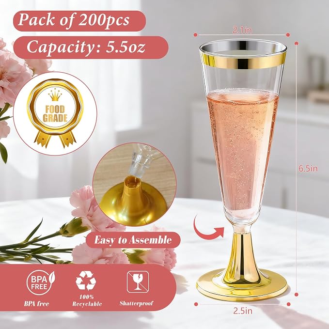 GuanQiao 200 Pack Plastic Champagne Flutes with Gold Rim Gold Bottom, 5.5 Oz Clear Disposable Plastic Champagne Glasses, Wine Glasses Cups for Wedding Celebration New Years Eve Party Supplies