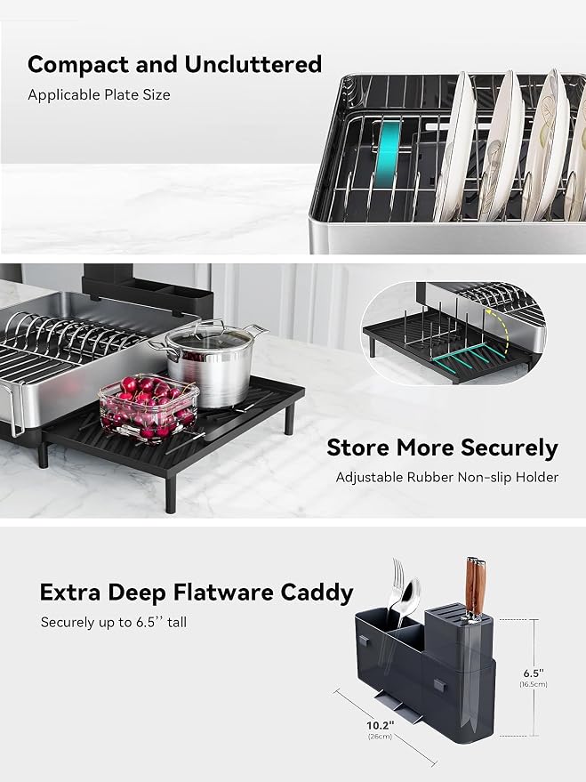 Large Dish Drying Rack, Expandable Dish Racks for Kitchen Counter, Space Saving 304 Stainless Steel Drying Rack Kitchen, Extra Large Drainer with Multifunctional Flip Up Pegs, Black