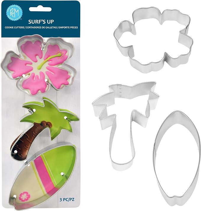 R&M Surf's Up Beach Themed Cookie Cutter 3 Piece Set. Includes Hibiscus Flower, Palm Tree and Surfboard Cookie Cutter.