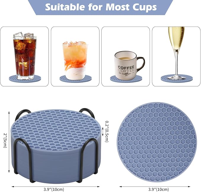 TWTLi Silicone Coasters Set of 8 with Holder — Non-Slip Drink Coasters for Coffee Table, Home Bar & Kitchen, Protects Wood & Marble Surfaces from Water Rings, Dishwasher Safe (Blue)
