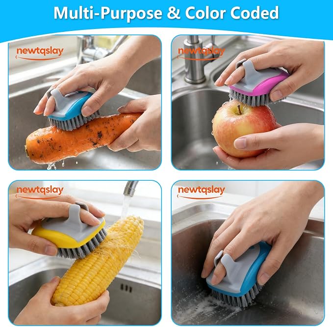Vegetable Brush Potato Scrubber - 4 Pack Dual-Sided Fruit and Vegetable Wash Brush, Hard Nylon Bristles & Flexible Finger Grip for Effective Cleaning of Root Veggies