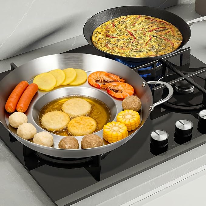 Cabilock Stainless Steel Comal Frying Bowl with Double Handle, Rounded Flat Bottom Paella Pan, Home Wok Pot Non-stick Cooking Pan Kitchen Cookware for Stoves