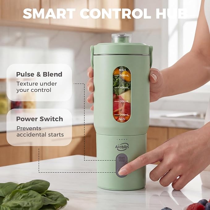 Portable Blender Shakes & Smoothies, Small Personal Blender, Green | 17oz Detachable To-Go Cup, Carry Handle, USB-C Rechargeable, 6-Leaf Stainless Blades, Auto-Shutoff, BPA-Free, Hand Wash