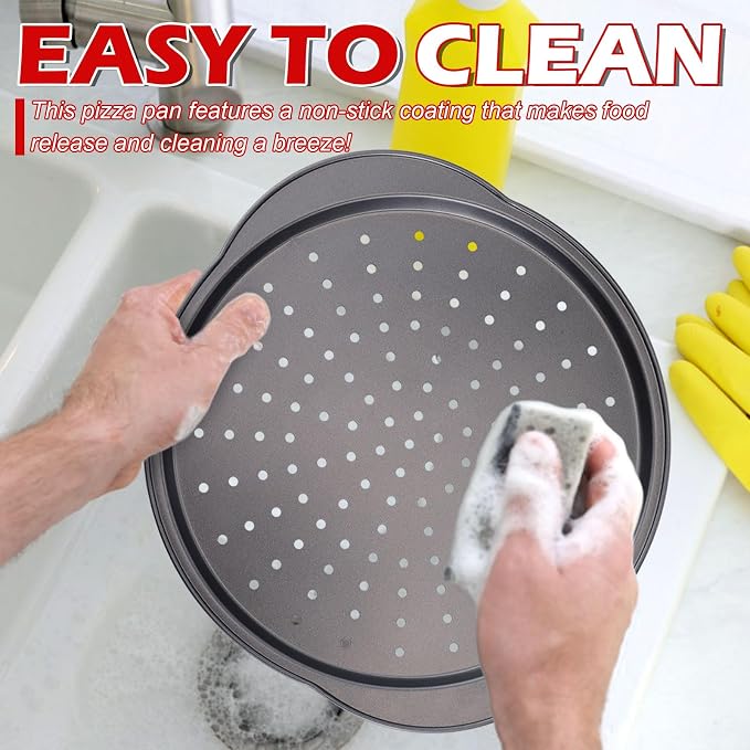 13" Round Pizza Pan for Oven, 2 Pack | Non-stick Carbon Steel, With Holes, Handle, Easy to Clean, Oven Safe