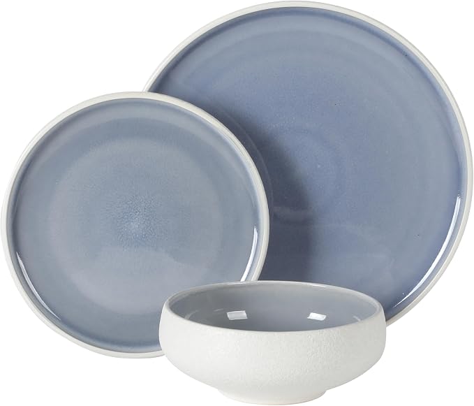 Gibson Elite Pacifco Beach Plates and Bowls Sets, 12-Piece Stoneware Dinnerware Sets, Reactive Glaze Dish Set - Blue