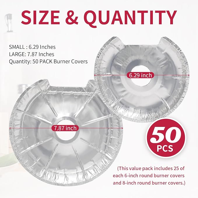 50PC COZZIVITA Round Electric Stove Burner Covers - Stove Top Covers for Electric Stove Thicker Aluminum Foil Burner Liners - Disposable Stove Top Protector (25 * 6 Inch and 25 * 8 Inch)