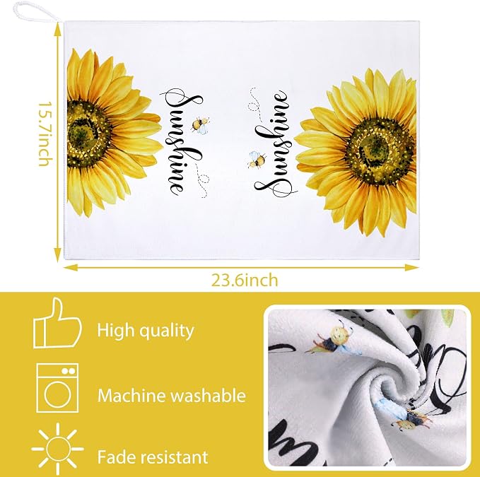 4 Pcs Sunflower Kitchen Towels Set, Hand Tea Towels Gifts | Absorbent Fast Drying Dish Clothes Floral Black White Plaid Decor Housewarming Gift for Cooking Bathroom Kitchen Decor