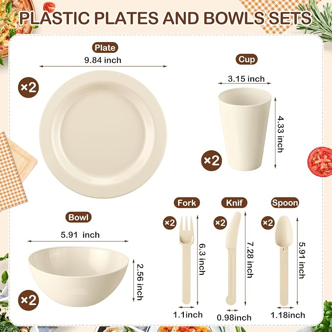 LemonRoad College Dorm Dishes Essential Kit 2 Sets Plastic Plates and Bowls 1 Set 40oz Microwave Cooker Ramen Bowl with Chopstick Spoon Fork Picnic Dinnerware Camping Set for College Dorm Room(Beige)