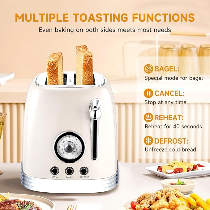 Wiltal Beige Cute Retro Toaster 2 Slice with 1.58" Wide Slots, Bread toaster with Cover and Warm Rack, Stainless Steel Toasters with Removable Crumb Tray, Preheat, Defrost, Cancel Function (Cream)
