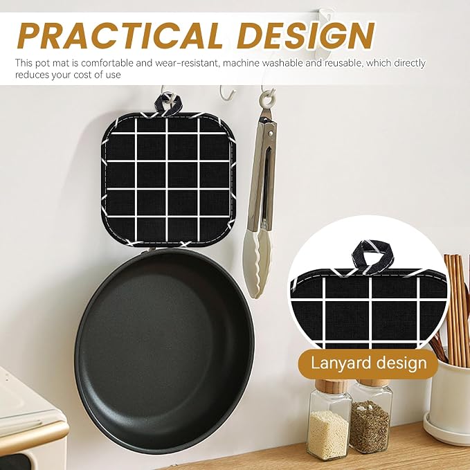4pcs Pot Holders for Kitchen, Cotton Kitchen Hot Pads, Heat Resistant Oven Mitts and Pot Holders Sets (Black Grid,6)