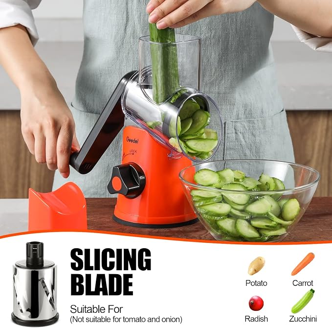 Geedel Rotary Cheese Grater, Kitchen Mandoline Vegetable Slicer with 3 Interchangeable Blades, Easy to Clean Rotary Grater Slicer for Fruit, Vegetables, Nuts | 3 Blades, 430 Stainless Steel, 12x Fast Cutting, Strong Suction Base, No BPA, Dishwasher Saf...