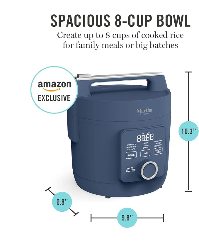 Martha Stewart 8 Cup Cooked (4 Cup Uncooked) Rice Cooker & Steamer, Navy | PFAS-Free Ceramic Nonstick Removable Pot, 9 Modes, Keep Warm, Steamer, White & Brown Rice, Quinoa, Grains, Oats, Easy Clean