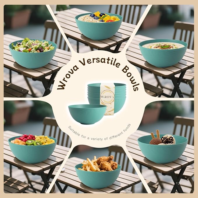 Wheat Straw Bowls for Kitchen set of 6,Anti-Scald Thick Soup Bowls 40oz,Microwave and Dishwasher Safe Bowl set easy to clean. Green