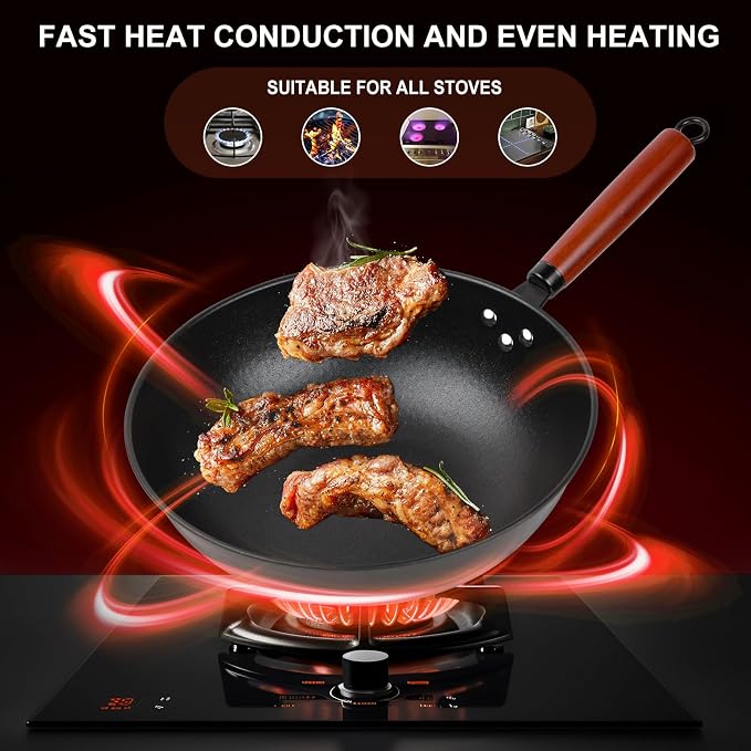 Wok, 13" Carbon Steel Woks & Stir-Fry Pans Nonstick with Glass Lid | Pre-Seasoned Flat Bottom Chinese Wok for Electric, Induction, Gas, All Stoves