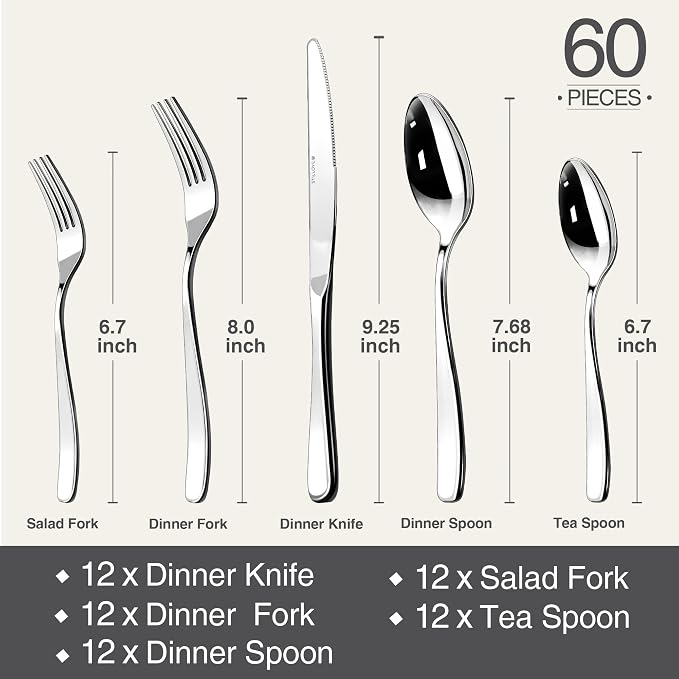 18/10 Silverware Set for 12,Heavy duty Stainless Steel Flatware Cutlery Set | 60 Piece Mirror Polished knives Forks Spoons Utensils Silverware Sets,Dishwasher Safe for Dinner Home Kitchen,Wedding Party